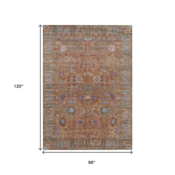 HomeRoots 8' Orange and Green Floral Washable Area Rug - Vibrant, Durable Design for Indoor & Outdoor Spaces 639572