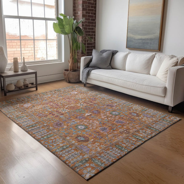 HomeRoots 8' Orange and Green Floral Washable Area Rug - Vibrant, Durable Design for Indoor & Outdoor Spaces 639572