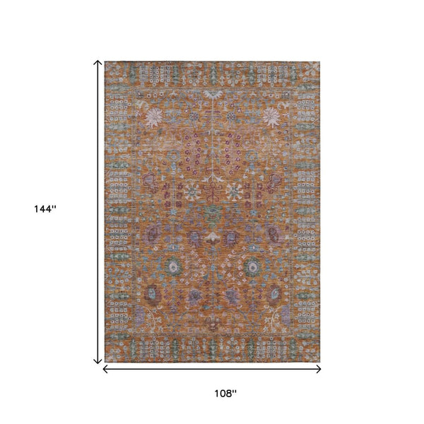 HomeRoots 9' X 12' Vibrant Orange & Green Floral Washable Area Rug for Indoor & Outdoor Spaces, Durable Design 639573