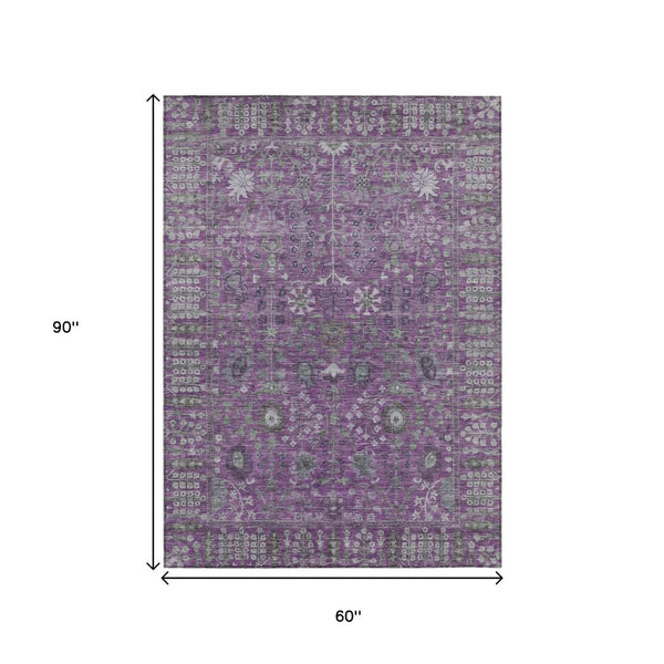 HomeRoots 5' X 8' Floral Area Rug - Purple & Ivory, Washable, Durable for Indoor/Outdoor Use, Pet-Friendly 639576