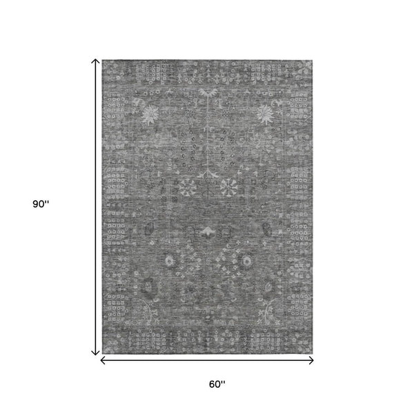 HomeRoots 5' X 8' Elegant Pewter & Silver Floral Rug - Washable Indoor/Outdoor, Durable, Stylish & Easy Care! 639582