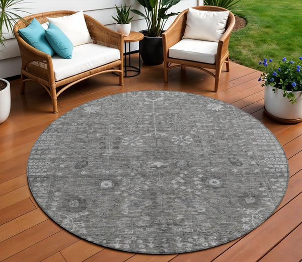 HomeRoots 8' Round Floral Area Rug in Pewter & Silver - Washable, Durable Design for Indoor & Outdoor Use 639583