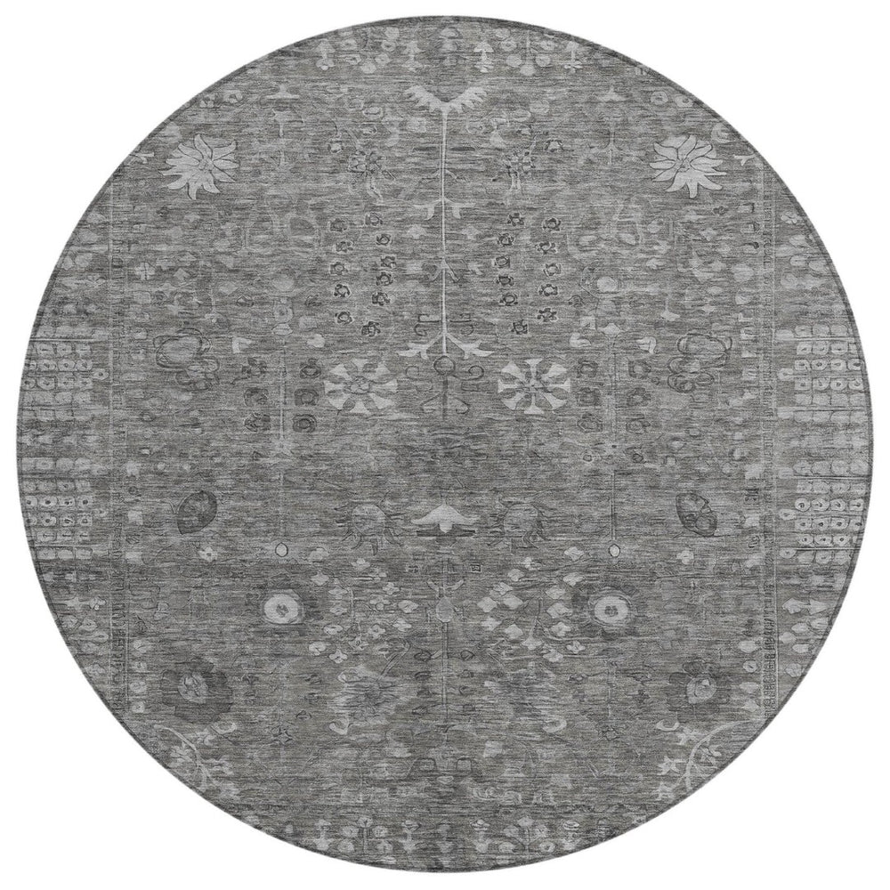 HomeRoots 8' Round Floral Area Rug in Pewter & Silver - Washable, Durable Design for Indoor & Outdoor Use 639583