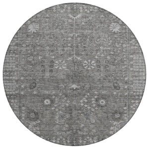 HomeRoots 8' Round Floral Area Rug in Pewter & Silver - Washable, Durable Design for Indoor & Outdoor Use 639583