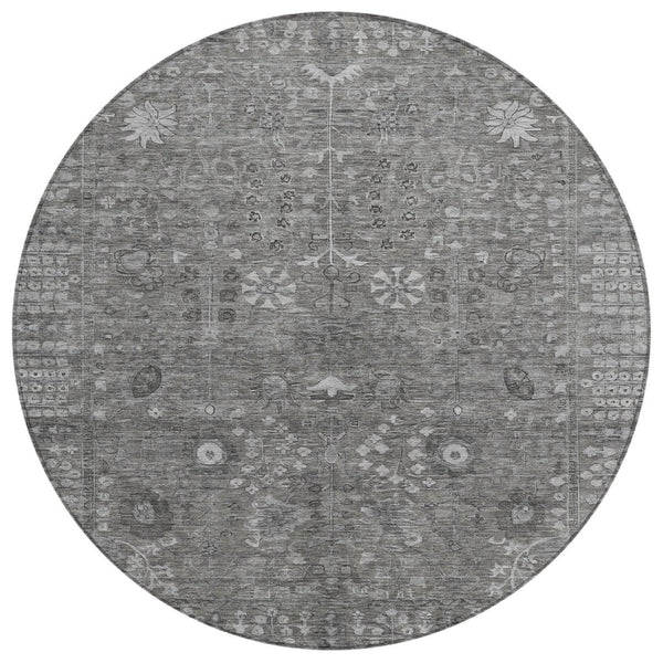 HomeRoots 8' Round Floral Area Rug in Pewter & Silver - Washable, Durable Design for Indoor & Outdoor Use 639583