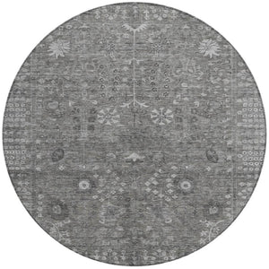 HomeRoots 8' Round Floral Area Rug in Pewter & Silver - Washable, Durable Design for Indoor & Outdoor Use 639583