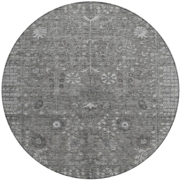 HomeRoots 8' Round Floral Area Rug in Pewter & Silver - Washable, Durable Design for Indoor & Outdoor Use 639583