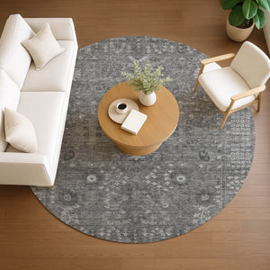 HomeRoots 8' Round Floral Area Rug in Pewter & Silver - Washable, Durable Design for Indoor & Outdoor Use 639583