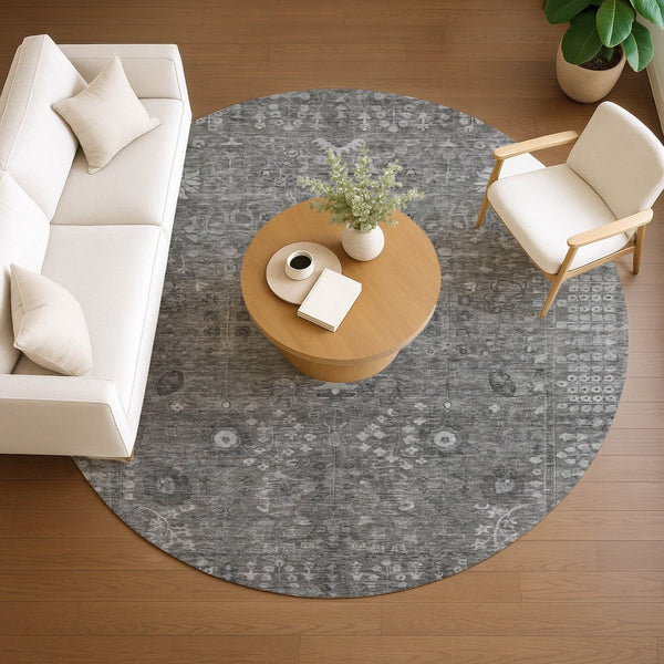 HomeRoots 8' Round Floral Area Rug in Pewter & Silver - Washable, Durable Design for Indoor & Outdoor Use 639583