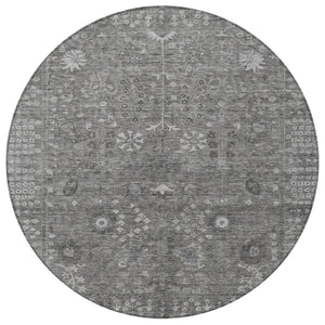HomeRoots 8' Round Floral Area Rug in Pewter & Silver - Washable, Durable Design for Indoor & Outdoor Use 639583