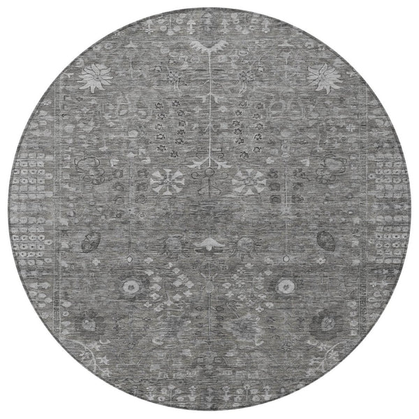 HomeRoots 8' Round Floral Area Rug in Pewter & Silver - Washable, Durable Design for Indoor & Outdoor Use 639583