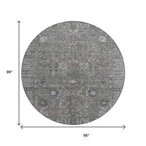 HomeRoots 8' Round Floral Area Rug in Pewter & Silver - Washable, Durable Design for Indoor & Outdoor Use 639583