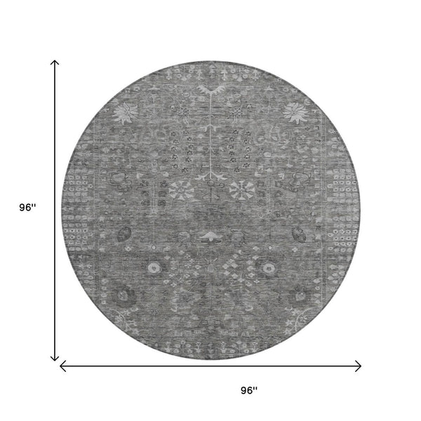 HomeRoots 8' Round Floral Area Rug in Pewter & Silver - Washable, Durable Design for Indoor & Outdoor Use 639583