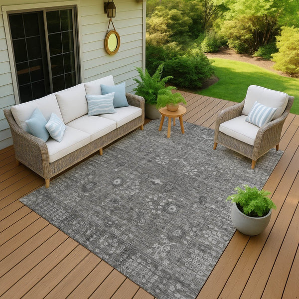 HomeRoots 9' X 12' Elegant Pewter & Silver Floral Area Rug - Washable, Stain-Resistant, Outdoor/Indoor Use 639585