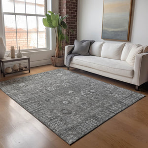 HomeRoots 9' X 12' Elegant Pewter & Silver Floral Area Rug - Washable, Stain-Resistant, Outdoor/Indoor Use 639585