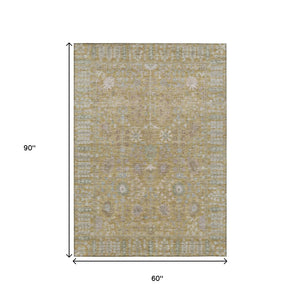 HomeRoots 5' Wheat and Beige Floral Indoor Outdoor Area Rug - Durable, Washable, Stylish for High-Traffic Spaces 639588