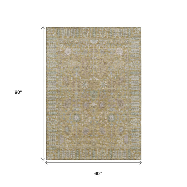 HomeRoots 5' Wheat and Beige Floral Indoor Outdoor Area Rug - Durable, Washable, Stylish for High-Traffic Spaces 639588