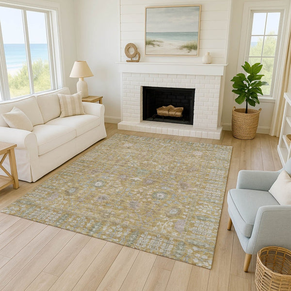HomeRoots 5' Wheat and Beige Floral Indoor Outdoor Area Rug - Durable, Washable, Stylish for High-Traffic Spaces 639588