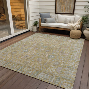 HomeRoots 5' Wheat and Beige Floral Indoor Outdoor Area Rug - Durable, Washable, Stylish for High-Traffic Spaces 639588