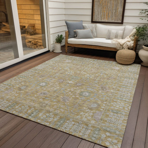 HomeRoots 5' Wheat and Beige Floral Indoor Outdoor Area Rug - Durable, Washable, Stylish for High-Traffic Spaces 639588