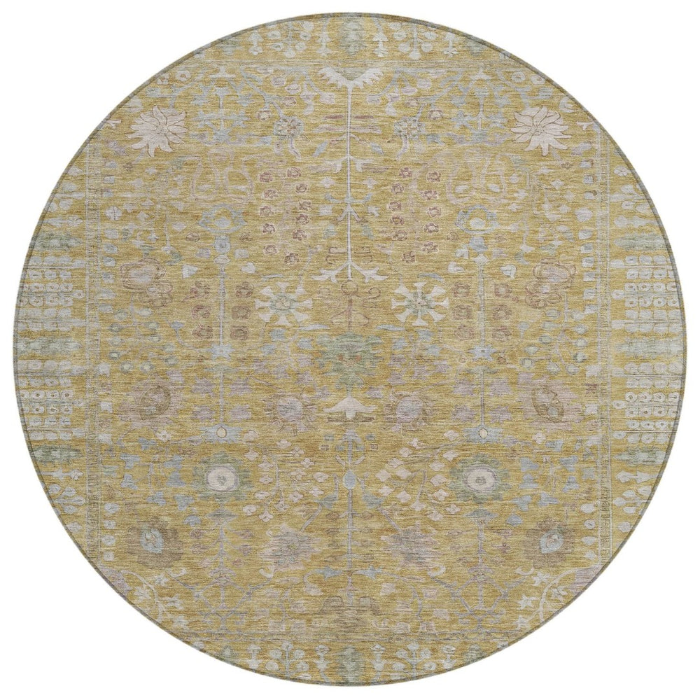 HomeRoots 8' Round Floral Washable Area Rug in Wheat and Beige - Durable Indoor/Outdoor Essential for All Spaces 639589