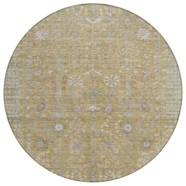 HomeRoots 8' Round Floral Washable Area Rug in Wheat and Beige - Durable Indoor/Outdoor Essential for All Spaces 639589