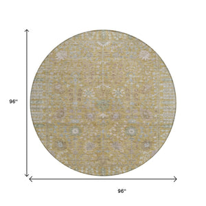 HomeRoots 8' Round Floral Washable Area Rug in Wheat and Beige - Durable Indoor/Outdoor Essential for All Spaces 639589