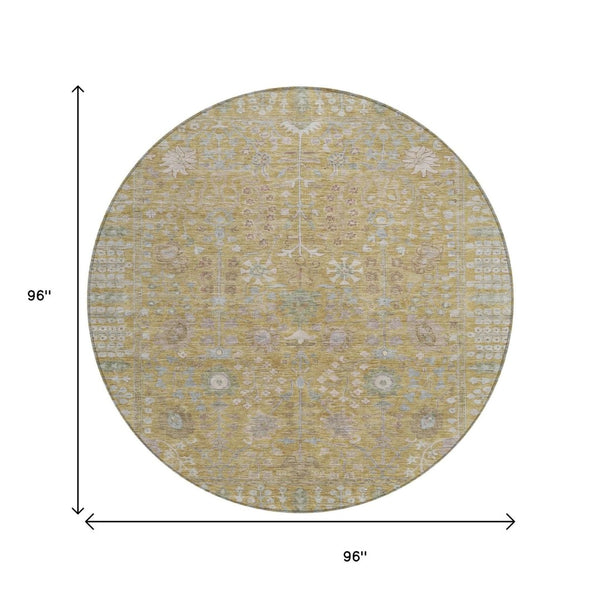 HomeRoots 8' Round Floral Washable Area Rug in Wheat and Beige - Durable Indoor/Outdoor Essential for All Spaces 639589