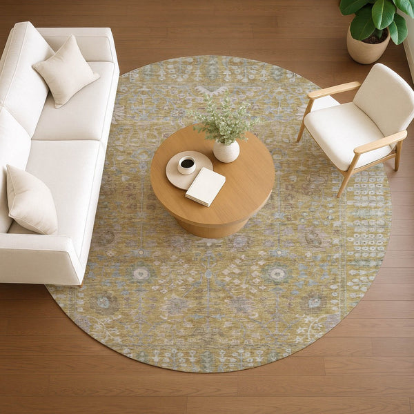 HomeRoots 8' Round Floral Washable Area Rug in Wheat and Beige - Durable Indoor/Outdoor Essential for All Spaces 639589