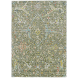 HomeRoots 5' Timeless Artichoke Green Floral Washable Area Rug with Gold & Copper Accents for Indoor/Outdoor Use 639594