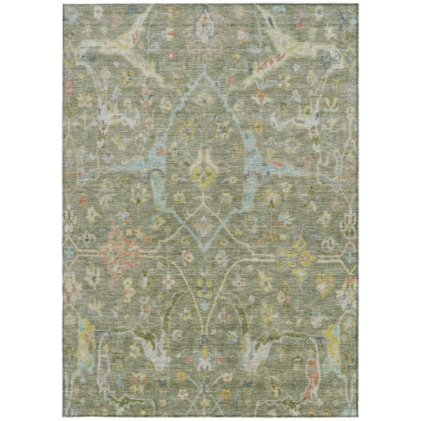 HomeRoots 5' Timeless Artichoke Green Floral Washable Area Rug with Gold & Copper Accents for Indoor/Outdoor Use 639594