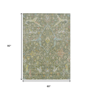 HomeRoots 5' Timeless Artichoke Green Floral Washable Area Rug with Gold & Copper Accents for Indoor/Outdoor Use 639594