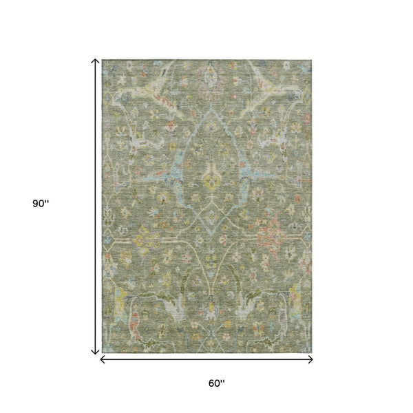 HomeRoots 5' Timeless Artichoke Green Floral Washable Area Rug with Gold & Copper Accents for Indoor/Outdoor Use 639594