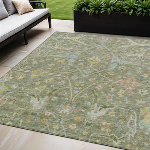 HomeRoots 5' Timeless Artichoke Green Floral Washable Area Rug with Gold & Copper Accents for Indoor/Outdoor Use 639594