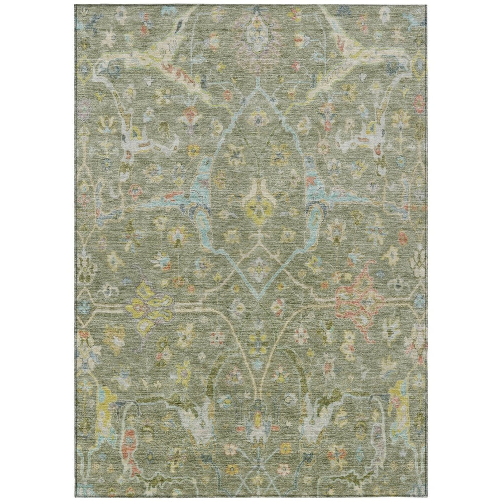 HomeRoots 5' Timeless Artichoke Green Floral Washable Area Rug with Gold & Copper Accents for Indoor/Outdoor Use 639594