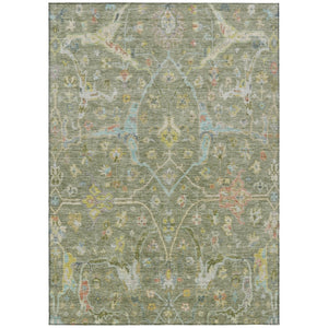 HomeRoots 5' Timeless Artichoke Green Floral Washable Area Rug with Gold & Copper Accents for Indoor/Outdoor Use 639594