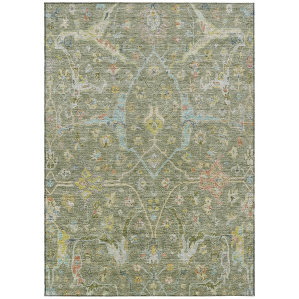 HomeRoots 5' Timeless Artichoke Green Floral Washable Area Rug with Gold & Copper Accents for Indoor/Outdoor Use 639594