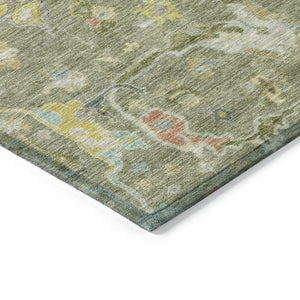 HomeRoots 5' Timeless Artichoke Green Floral Washable Area Rug with Gold & Copper Accents for Indoor/Outdoor Use 639594