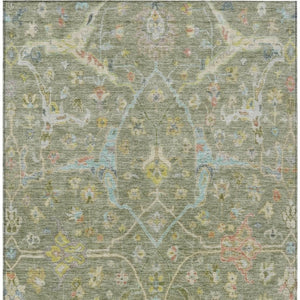 HomeRoots 5' Timeless Artichoke Green Floral Washable Area Rug with Gold & Copper Accents for Indoor/Outdoor Use 639594