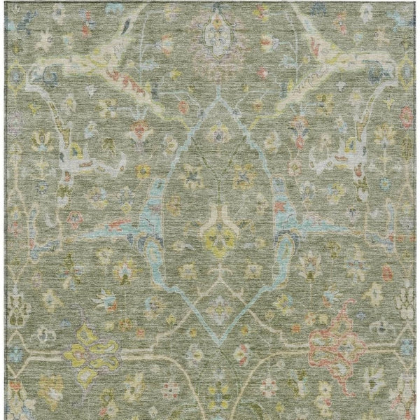 HomeRoots 5' Timeless Artichoke Green Floral Washable Area Rug with Gold & Copper Accents for Indoor/Outdoor Use 639594