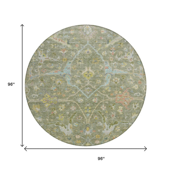 HomeRoots 8' Floral Area Rug in Artichoke Green, Gold & Copper - Washable, Indoor/Outdoor, Durable & Stylish 639595