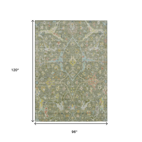 HomeRoots 8' X 10' Artichoke Green Floral Area Rug – Durable, Washable, Perfect for Indoor & Outdoor Charm 639596