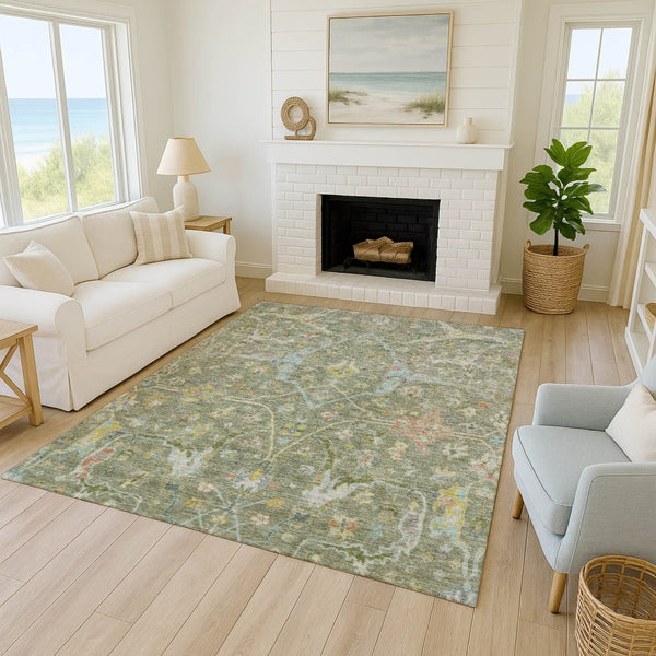HomeRoots 8' X 10' Artichoke Green Floral Area Rug – Durable, Washable, Perfect for Indoor & Outdoor Charm 639596