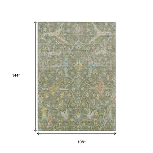 HomeRoots 9' X 12' Artichoke Green Floral Area Rug - Durable, Washable, Indoor-Outdoor Elegance for Any Space 639597