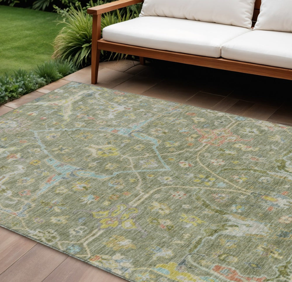 HomeRoots 10' Artichoke Green Floral Area Rug - Washable, Durable & Stylish Indoor/Outdoor Accent for Any Space 639598