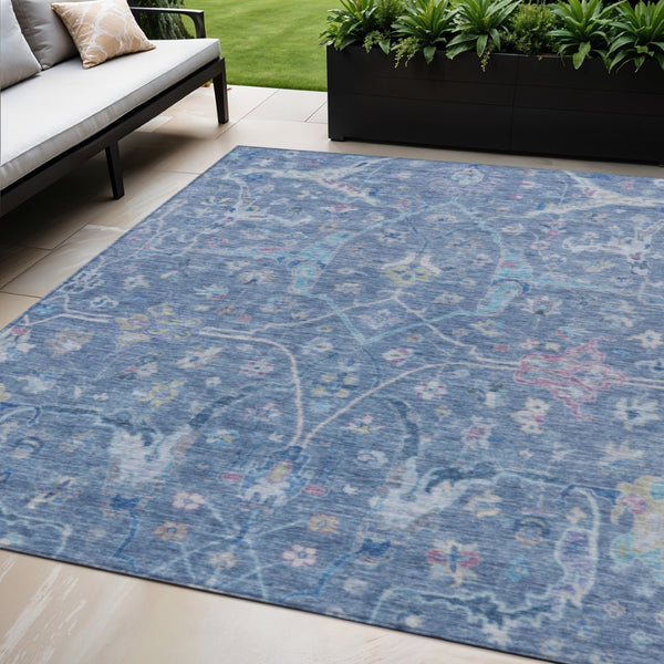 HomeRoots 5' Floral Washable Area Rug in Sky Blue & Ivory – Durable, Indoor/Outdoor, Easy-Care Design 639600