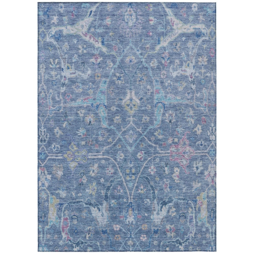 HomeRoots 5' Floral Washable Area Rug in Sky Blue & Ivory – Durable, Indoor/Outdoor, Easy-Care Design 639600