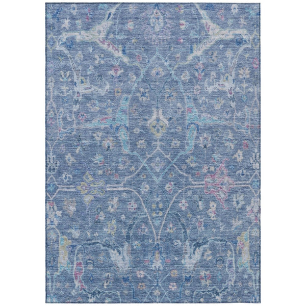 HomeRoots 5' Floral Washable Area Rug in Sky Blue & Ivory – Durable, Indoor/Outdoor, Easy-Care Design 639600
