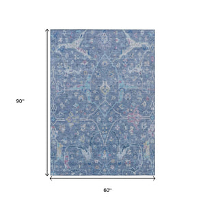 HomeRoots 5' Floral Washable Area Rug in Sky Blue & Ivory – Durable, Indoor/Outdoor, Easy-Care Design 639600
