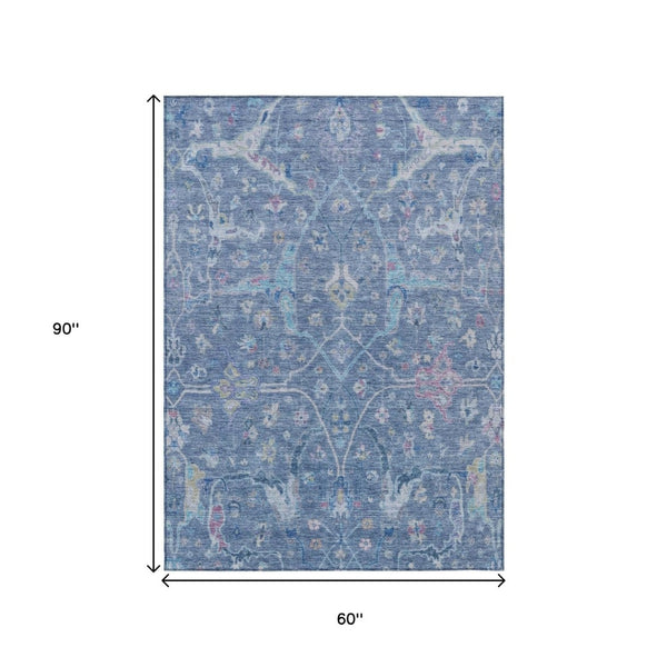 HomeRoots 5' Floral Washable Area Rug in Sky Blue & Ivory – Durable, Indoor/Outdoor, Easy-Care Design 639600